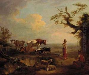 Figures and livestock resting in a landscape by English School