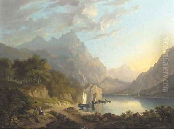 Figures before a mooring at an Alpine lake - view 1
