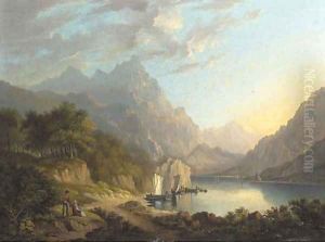 Figures before a mooring at an Alpine lake by English School