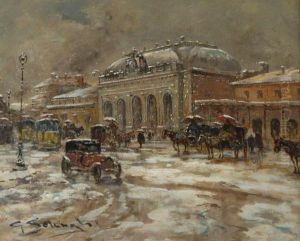 "vecchia Stazione Di Milano 
Sotto La Neve" Olio Su Compensato Firmato In Basso A Sinistra