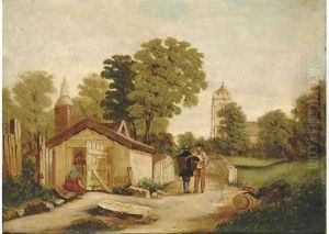 Figures by a bridge, a church beyond by English School