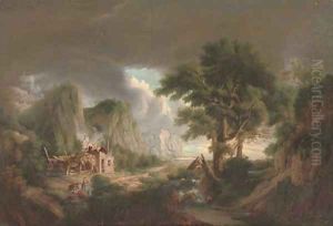 Figures by a burning cottage