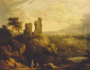 Figures on a track, Dinefwr Castle and the Towy Valley beyond by English School