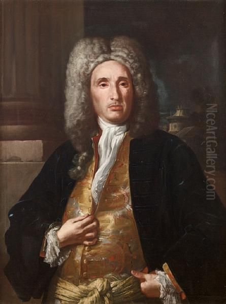 Portrait Of A Gentleman,
Three-quarter-length,in A Gold Brocade Waistcoat And A Blue Velvet Coat,
Standing Beforea Column - view 1