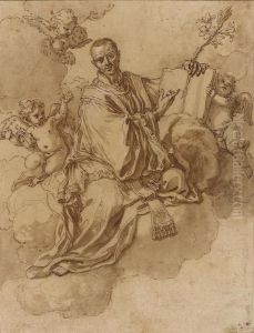 Saint Francis Xavier On Clouds Holding A Lily And A Book Withputti, A Townscape Below by Francesco Solimena