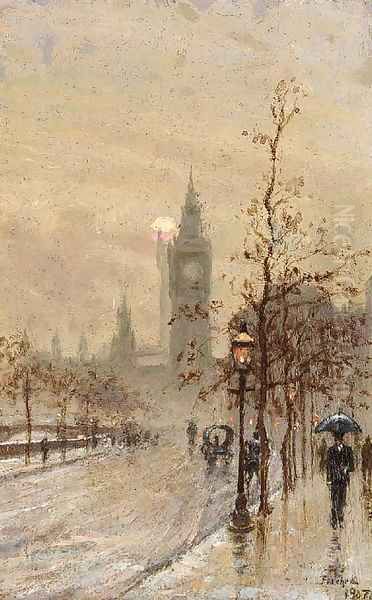 Figures walking in the rain on the Embankment with the Houses of Parliament beyond - view 1