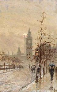 Figures walking in the rain on the Embankment with the Houses of Parliament beyond by English School