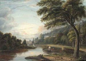 Fishermen drawing in their nets on a river at dusk