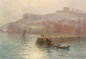 Fishing boats at the mouth of the harbour, Whitby by English School