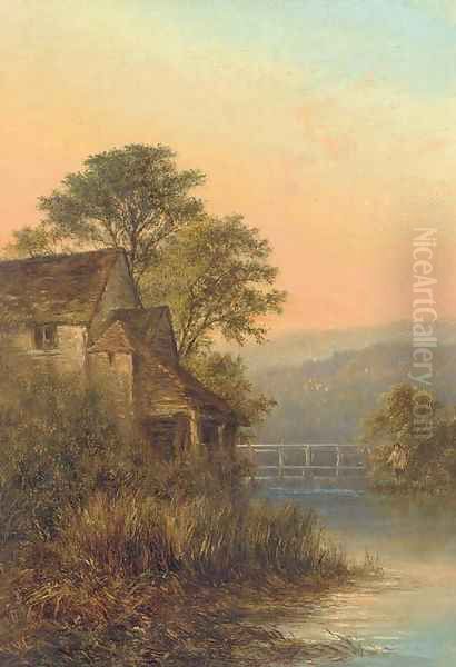 Fishing by a weir, dusk - view 1