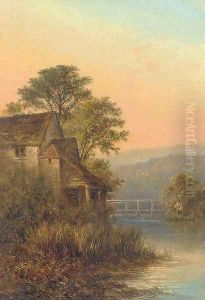 Fishing by a weir, dusk