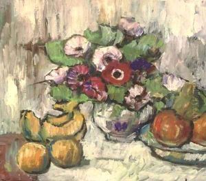Flowers in a bowl with apples and bananas