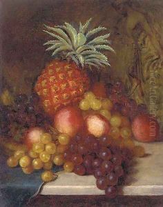 Grapes, peaches, and a pineapple, on a marble ledge by English School