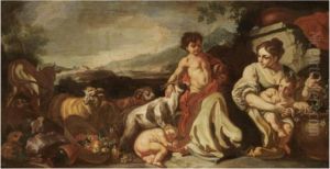 A Landscape With A Peasant Family And Their Animals by Francesco Solimena
