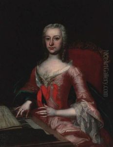 Portrait Of A Lady, Seated Half-length, In A Pink Dress With A Bluewrap, At A Harpsicord