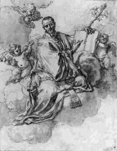 Saint Francis Xavier On Clouds Holding A Lily And A Book Withputti