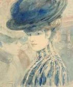 Portrait De Femme Au Chapeau Bleu by Henry Somm
