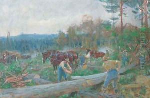 Lumberjacks and horses in a woodland clearing