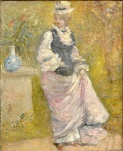 Portrait De Jeune Femme En Pied Au Chapeau A Cote D'un Vase Defleurs by Henry Somm