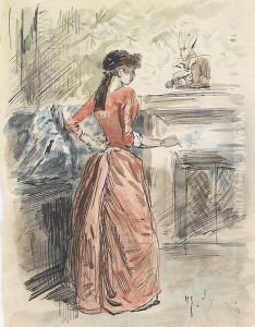 Junge Dame In Rotem Kleid Am Kamin. by Henry Somm