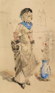 Fille Pres De La Potiche Fleurie