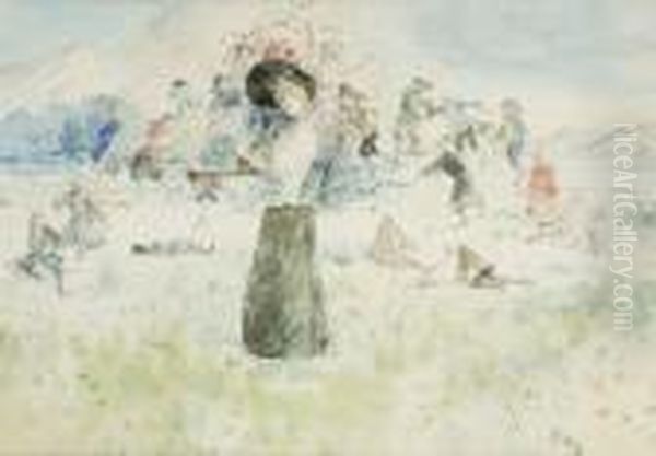 Jeune-fille A L'evantail Et Farandole De Personnages - view 1
