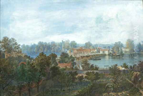 Old Putney Bridge looking towards Fulham, showing the Gothic Villa, Brewhouse Lane - view 1