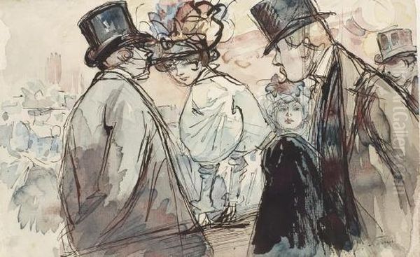 Une Elegante Au Chapeau Tenant Un Homard Dans Chaque Main, Des Hommes A L'arriere-plan. - view 1