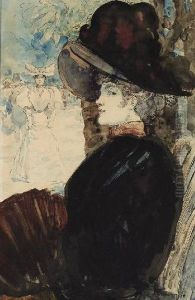 Jeune Femme Au Chapeau Vue De Profil Vers La Gauche, Des Personnages Derriere Elle Jeune Femme Au Chapeau Vue De Profil Vers La Gauche, Des Personnages Derriere Elle