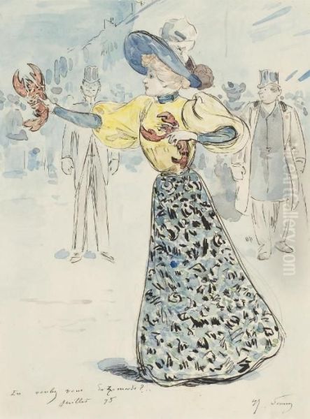 Une Femme Au Chapeau Entouree De Deux Hommes Au Chapeau Haut De Forme. - view 1