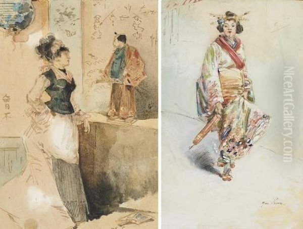 Japonaise En Kimono, Une 
Ombrelle A La Main; Et Une Elegante Regardant Un Samourai Avec Son Epee - view 1