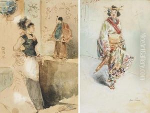 Japonaise En Kimono, Une
Ombrelle A La Main; Et Une Elegante Regardant Un Samourai Avec Son Epee by Henry Somm
