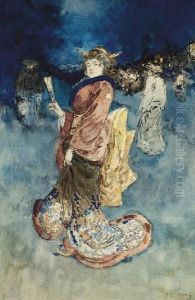Une Femme En Kimono Tenant Un Eventail by Henry Somm