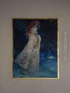Elegante Au Cygne
 Aquarelle, Signee En Bas A Droite.