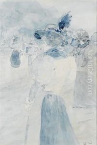 Une Femme Au Chapeau Vue De Dos, Deux Autres Personnages A L'arriere-plan Une Femme Au Chapeau Vue De Dos, Deux Autres Personnages A L'arriere-plan