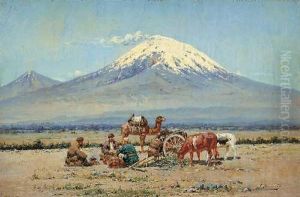 Kaukasische Landschaft Mit Kamel Undkarren