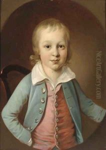 Portrait of a boy, half-length, in a blue jacket and red waistcoat by English School