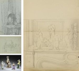 Interior With A Console And
Mirror; Study For 'an Intimate Moment'; Two Sketches For 'self-portrait
With Porcelain Figures On A Mantelpiece' by Konstantin Andreevic Somov