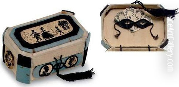 A Handmade Silk Covered 
Snuff-box, Mounted With Five Black Ink Miniatures In Silhouette, 
Depicting A Couple In 18th Century Costume Accompanied By A Servant Boy 
In A Park, The Same Couple In Profile, A Fan And A Mask - view 1
