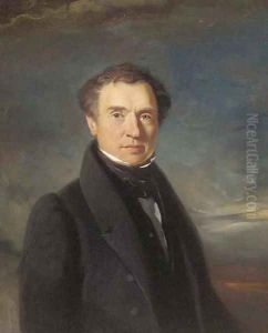 Portrait of a gentleman, bust-length, in an overcoat before a landscape at dusk