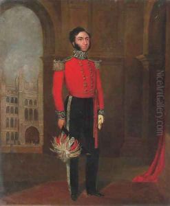 Portrait of a gentleman, full-length, in the uniform of a Lord Lieutenant, before the Guildhall