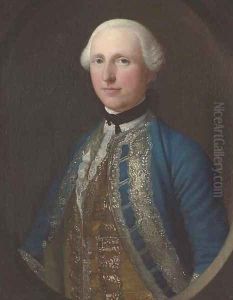 Portrait of a gentleman, half-length, in a blue coat and yellow waistcoat, feigned oval