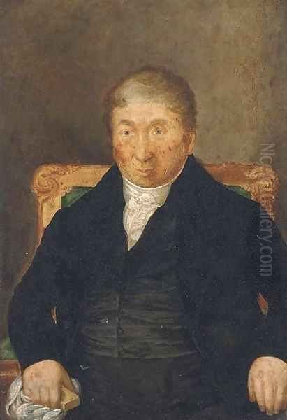 Portrait of a gentleman, seated half-length, in a black suit and waistcoat, holding a bar of soap - view 1