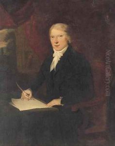 Portrait of a gentleman, seated three-quarter-length, in a black suit, at a writing table, a quill pen in his right hand