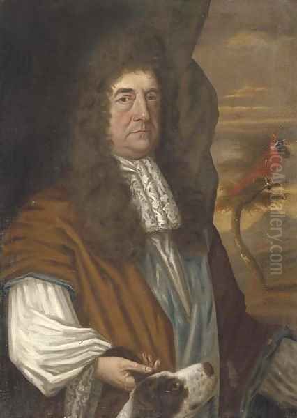 Portrait of a gentleman, standing half-length, in a landscape with his dog, an exotic bird in the tree beyond - view 1