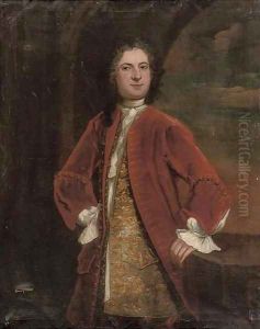 Portrait of a gentleman, three-quarter-length, in an embroidered waistcoat and red coat by English School