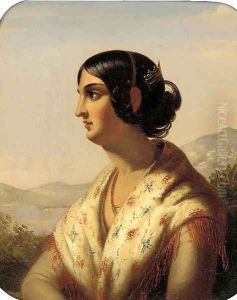 Portrait of a lady, bust length, in profile, a shawl draped over her shoulders, in an Italianate landscape