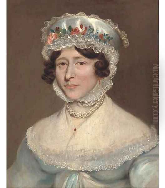 Portrait of a lady, bust-length, in a blue dress and a lace and silk bonnet with a floral border - view 1