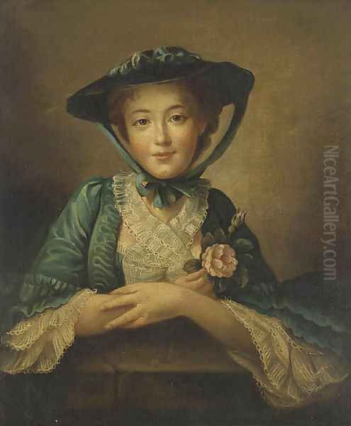 Portrait of a lady, bust-length, in a blue dress and hat holding a pink rose - view 1