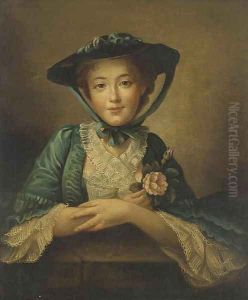 Portrait of a lady, bust-length, in a blue dress and hat holding a pink rose